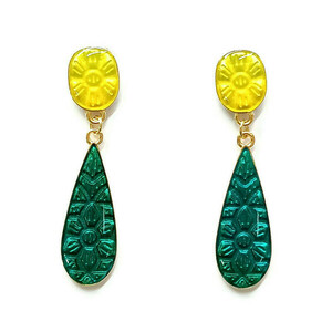 Color drops - Σκουλαρίκια με επίχρυσα 24k στοιχεία με πράσινο & κίτρινο σμάλτο - επιχρυσωμένα, σμάλτος, boho, καρφάκι, zamak