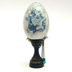 Διακοσμητικό μπλε αυγό Baroque σε ξύλινη βάση 18x7x7 - λουλούδια, αυγό, διακοσμητικά, άνοιξη - 2