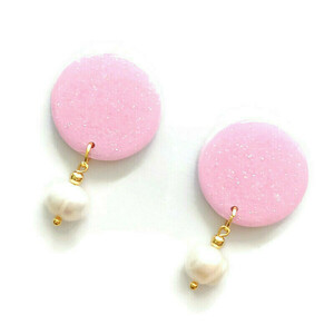 Dreams collection - Σκουλαρίκια από ροζ πηλό με γκλίτερ και μαργαριτάρια - γυαλί, μαργαριτάρι, επιχρυσωμένα, πηλός, ατσάλι - 3