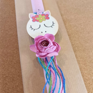 Λαμπάδα μονόκερος με λουλούδι ροζ πλακέ ξυστή 30 εκ. - κορίτσι, λαμπάδες, μονόκερος, για παιδιά, για εφήβους - 3