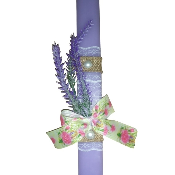 Αρωματική πλακέ λαμπάδα με λεβάντα 33 cm - γυναικεία, λουλούδια, λαμπάδες, για ενήλικες, για εφήβους