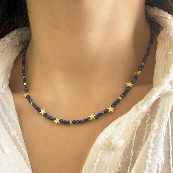 Γυναικείο Κολιέ με λάπι λάζουλι και αστεράκια. Από Ασήμι 925, Επίχρυσο. Μέγεθος 40 εκ. - ημιπολύτιμες πέτρες, ασήμι 925, αστέρι, seed beads - 2