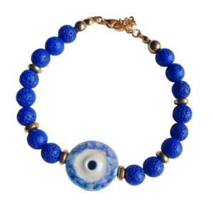Βραχιόλι μπλε με κεραμικό μάτι - ημιπολύτιμες πέτρες, πηλός, μάτι, νονά, ατσάλι