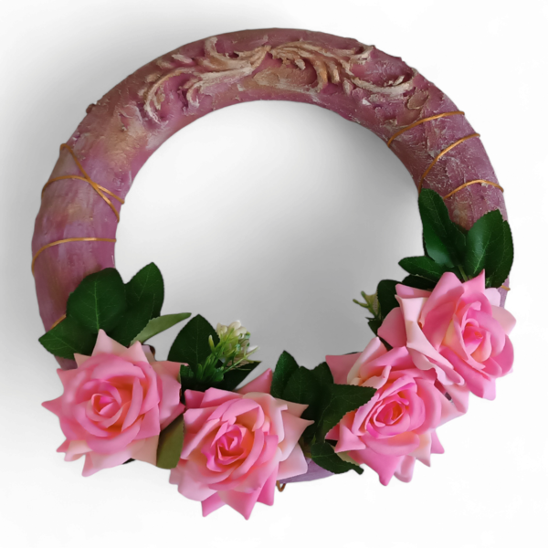 Χειροποίητο στεφάνι με ροζ υφασμάτινα τριαντάφυλλα - στεφάνια