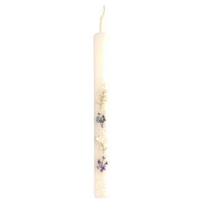 Λευκή λαμπάδα με μωβ λουλουδάκια και γκλίτερ. - Διαστάσεις λαμπάδας: 36*3*1 εκ. - κορίτσι, λουλούδια, λαμπάδες, για ενήλικες