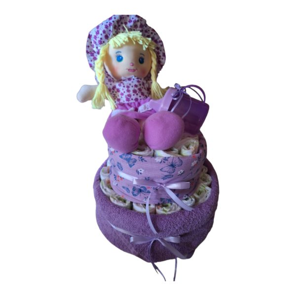 Diaper Cake Μωβ με Κούκλα - κορίτσι, baby shower, diaper cake