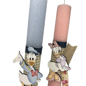 Πασχαλινό σετ λαμπάδες για ζευγάρια «Donald & Daisy» - λαμπάδες, ζευγάρια, ήρωες κινουμένων σχεδίων, με ξύλινο στοιχείο