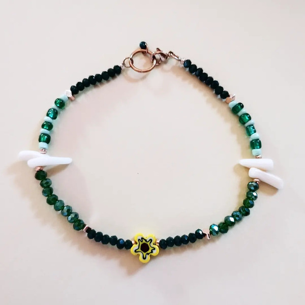 Βραχιολάκι ποδιού πράσινο με λουλουδάκι - boho, seed beads, ποδιού