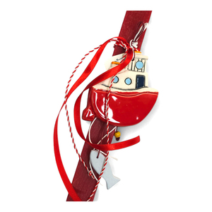 Κόκκινη αρωματική λαμπάδα με χειροποίητο διακοσμητικό κεραμικό καραβάκι - κορίτσι, λαμπάδες, για ενήλικες, για εφήβους