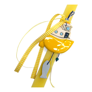 Κίτρινη αρωματική λαμπάδα με χειροποίητο διακοσμητικό κεραμικό καραβάκι - αγόρι, λαμπάδες, για ενήλικες, για εφήβους