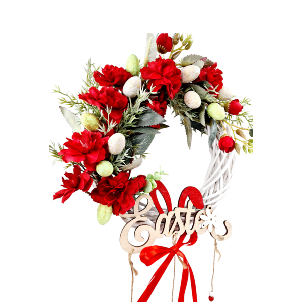 Πασχαλινό στεφανι μπαμπού 25 εκ. με κόκκινα λουλούδια - κορίτσι, λουλούδια, διακοσμητικά, για ενήλικες - 2