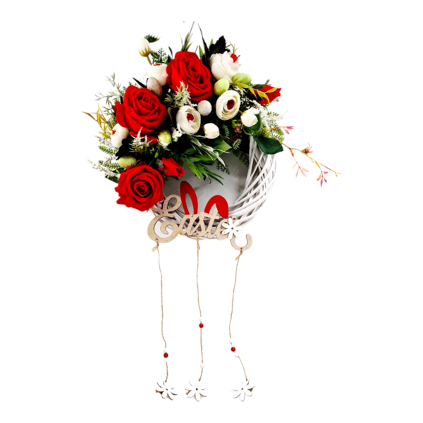 Πασχαλινό στεφανι μπαμπού 25 εκ. με κόκκινα και λευκά τριαντάφυλλα - κορίτσι, λουλούδια, διακοσμητικά, για ενήλικες