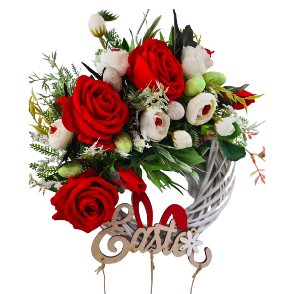 Πασχαλινό στεφανι μπαμπού 25 εκ. με κόκκινα και λευκά τριαντάφυλλα - κορίτσι, λουλούδια, διακοσμητικά, για ενήλικες - 2