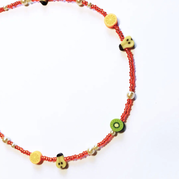 Κολιέ κοντό με περλίτσες φρούτα και seed beads - χάντρες, κοντά, ατσάλι, boho, πέρλες - 3