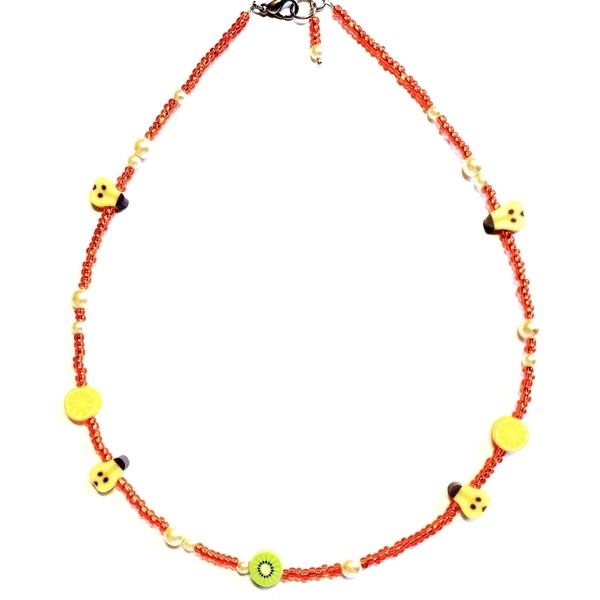 Κολιέ κοντό με περλίτσες φρούτα και seed beads - χάντρες, κοντά, ατσάλι, boho, πέρλες