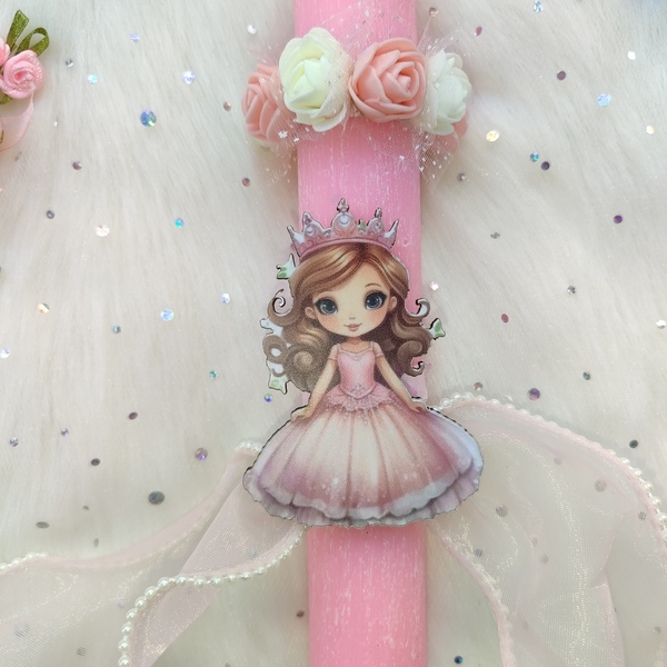 Ροζ λαμπάδα με λουλούδια και ροζ πριγκίπισσα - κορίτσι, λουλούδια, λαμπάδες, για παιδιά, πριγκίπισσες - 2