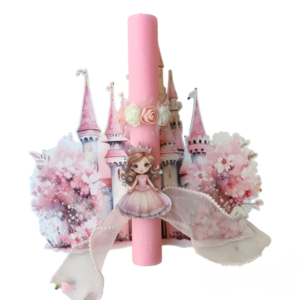 Ροζ λαμπάδα με πριγκίπισσα και διακοσμητικό τοίχου ροζ κάστρο - κορίτσι, λουλούδια, λαμπάδες, σετ, πριγκίπισσες