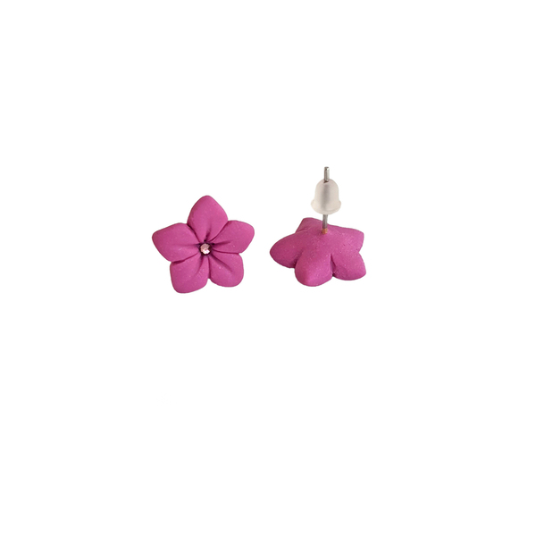 Σκουλαρίκια μωβ λουλούδια - στρας, πηλός, λουλούδι, μικρά, ατσάλι - 4
