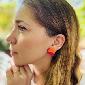 Myrsini Polygonal Earrings Χειροποίητα Καρφωτά Σκουλαρίκια Πολυμερικού Πηλού Κόκκινο & Πορτοκαλί - πηλός, ατσάλι, μεγάλα - 4