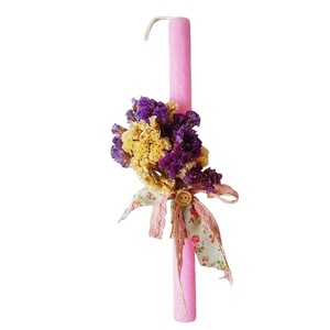 Πασχαλινή λαμπάδα με αποξηραμένο λουλούδι αμάραντο - κορίτσι, λουλούδια, λαμπάδες, για ενήλικες, για εφήβους