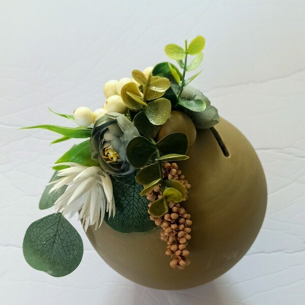Κουμπαράς κεραμικος, πράσινο vintage με λουλούδια, 20cm - κορίτσι, δώρο, κουμπαράδες, δώρα γενεθλίων - 2