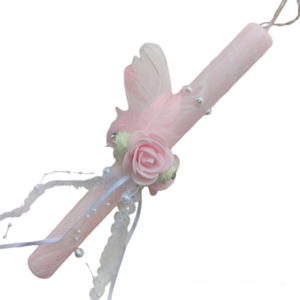 Ροζ λαμπάδα με λουλούδια, φτερά και πέρλες - Γυναικεία/εφηβική-Αντίγραφο - λουλούδια, λαμπάδες, για ενήλικες, για εφήβους