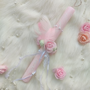 Ροζ λαμπάδα με λουλούδια, φτερά και πέρλες - Γυναικεία/εφηβική - κορίτσι, λουλούδια, λαμπάδες, για ενήλικες, για εφήβους - 3