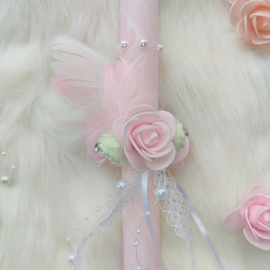 Ροζ λαμπάδα με λουλούδια, φτερά και πέρλες - Γυναικεία/εφηβική - κορίτσι, λουλούδια, λαμπάδες, για ενήλικες, για εφήβους - 4