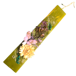 Πράσινη λαμπάδα με αποξηραμένα λουλούδια και γκλίτερ. - Διαστάσεις λαμπάδας: 25*4,5 εκ. - κορίτσι, λουλούδια, λαμπάδες, για εφήβους - 5