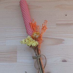 Λαμπάδα από κηρήθρα με αποξηραμένα λουλουδάκια σομόν - κορίτσι, λουλούδια, λαμπάδες, για ενήλικες, για εφήβους - 3