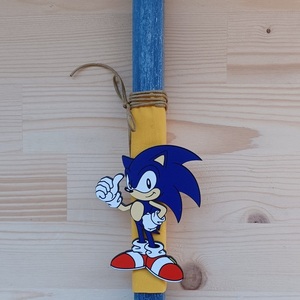Πασχαλινή λαμπάδα με ξύλινο στοιχείο Sonic - αγόρι, λαμπάδες, για παιδιά, για εφήβους, ήρωες κινουμένων σχεδίων