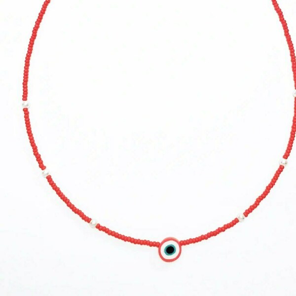 Κολιέ κοντό κοκκινο με ματάκι και περλίτσες - επιχρυσωμένα, μάτι, χάντρες, κοντά, seed beads - 3