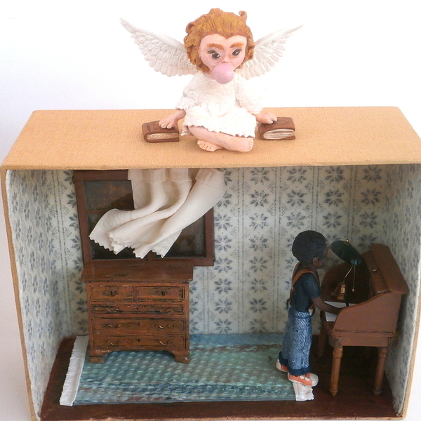 Shadowbox αγόρι γλυπτό σε δωμάτιο και φύλακας άγγελος - χαρτί, πηλός, μινιατούρες φιγούρες - 2