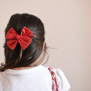 Χειροποίητο κόκκινο-πουά φιογκάκι μαλλιών με κλιπ - hair clips, 100% βαμβακερό - 2