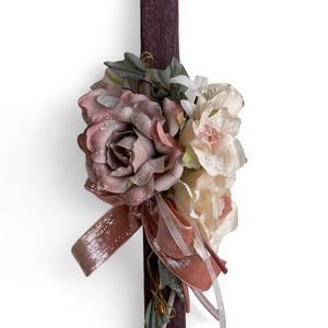 Λαμπάδα μωβ, ξυστή, αρωματική 30,5 cm με υφασμάτινα λουλούδια - λουλούδια, λαμπάδες, για ενήλικες