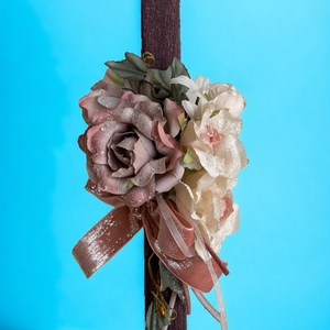 Λαμπάδα μωβ, ξυστή, αρωματική 30,5 cm με υφασμάτινα λουλούδια - λουλούδια, λαμπάδες, για ενήλικες - 3