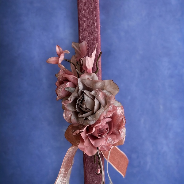 Λαμπάδα μωβ, ξυστή, αρωματική 30,5 cm με υφασμάτινα λουλούδια. - κορίτσι, λουλούδια, λαμπάδες, για ενήλικες - 3