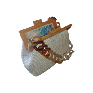 Λευκή clutch με ξύλινο frame - νήμα, clutch, ώμου, all day, πλεκτές τσάντες - 4