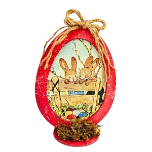 Πασχαλινό διακοσμητικό ξύλινο αυγό, διπλής όψης με βάση - λαγουδάκια σε φράχτη - λαγουδάκι, διακοσμητικά, δώρο για πάσχα, ζωάκια, διακοσμητικό πασχαλινό