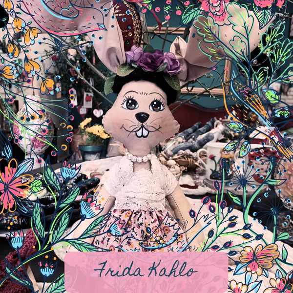 Υφασμάτινη κούκλα Frida Kahlo λαγουδάκι - λουλούδια, διακοσμητικά, frida kahlo