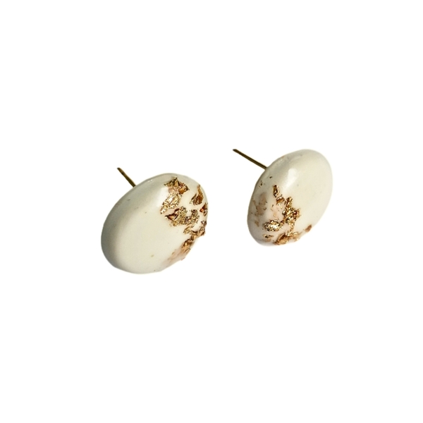 Καρφωτά λευκά στρογγυλά σκουλαρίκια από υγρό γυαλί. - vintage, γυαλί, μικρά, ατσάλι - 2