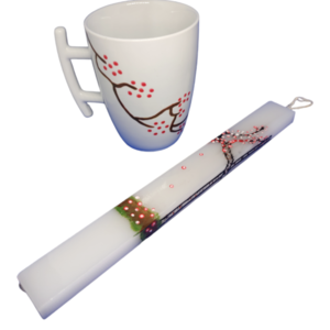 Πασχαλινό σετ κούπα πορσελάνης λευκή και λαμπάδα πλακέ με χειροποίητο σχέδιο με πινέλο - χειροποίητα, πορσελάνη, κούπες & φλυτζάνια, κεριά, πασχαλινά δώρα - 2