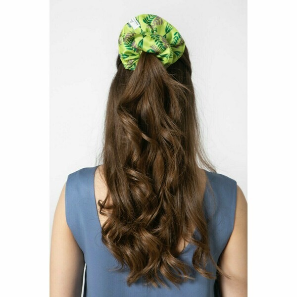 Σατέν Λαστιχάκι Μαλλιών (Hair Scrunchie) με Μοτίβο Flora Lime - ύφασμα, πολυεστέρας, λαστιχάκια μαλλιών