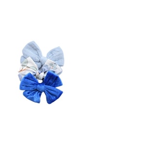 Σετ απο 3 φιογκάκια μαλλιών με κλιπς: γαλάζιο, φλοράλ, μπλέ - λουλούδι, hair clips, 100% βαμβακερό