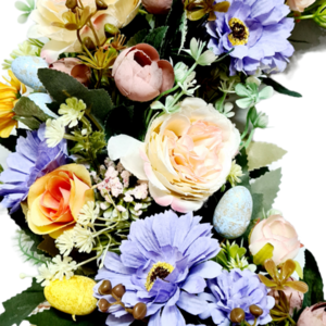 Χειροποίητο πασχαλινό στεφανι 35εκ, με υφασμάτινα λουλούδια ανοιξιατικες απόχρωσεις και αυγά φελιζόλ - στεφάνια, λουλούδια, για ενήλικες - 2
