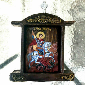 Άγιος Γεώργιος ο Μεγαλομάρτυρας Χειροποίητη Ξύλινη Εικόνα Με Εικονοθήκη 18x35cm - πίνακες & κάδρα, πίνακες ζωγραφικής, εικόνες αγίων - 5