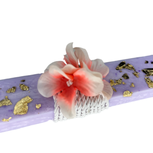 Λαμπάδα Orchid πλακέ με λευκό κορδόνι, ροζ ορχιδέα και φύλλα χρυσού 25x3.5 - λουλούδια, λαμπάδες, για παιδιά, πρώτο Πάσχα, για εφήβους - 2