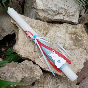 Unisex Πασχαλινή Λευκή Αρωματική Λαμπάδα Λαγός, γαλάζιο/κόκκινο, 29cm - λαμπάδες, για παιδιά, για εφήβους, ζωάκια, για μωρά