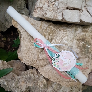 Πασχαλινή Λευκή Αρωματική Λαμπάδα Κύκνος, βεραμάν/ροζ, 29cm - κορίτσι, λαμπάδες, για παιδιά, ζωάκια, για μωρά