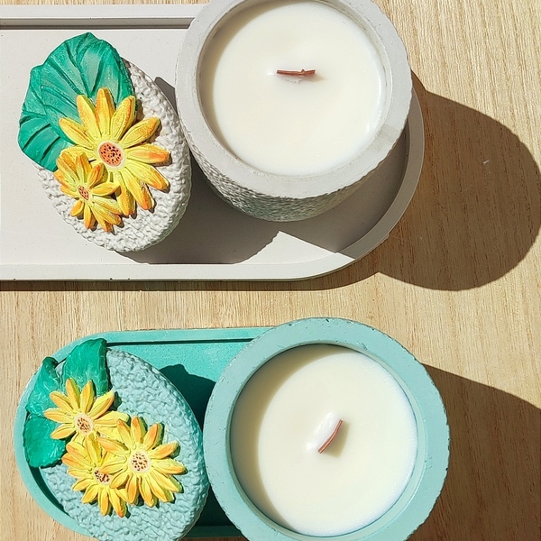 Διακοσμητικό βαζάκι από οικολογική ρητίνη / Jesmonite White/Flower με αρωματικό κερί σόγιας - βάζα & μπολ, ρητίνη, κερί - 4